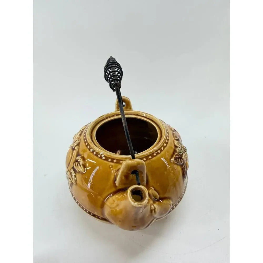 Vintage Brown Ceramic Teapot w Metal Handle Embossed Fruit Floral Rustic Decor